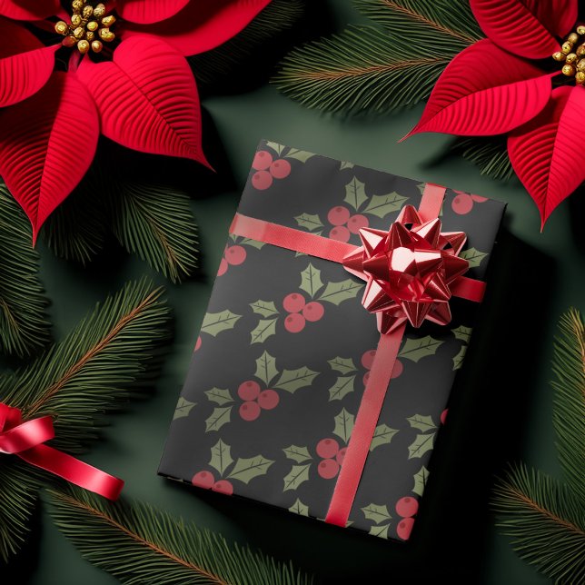 Christmas Poinsettia Flower Mistletoe Red Berries Wrapping Paper (Creator Uploaded)