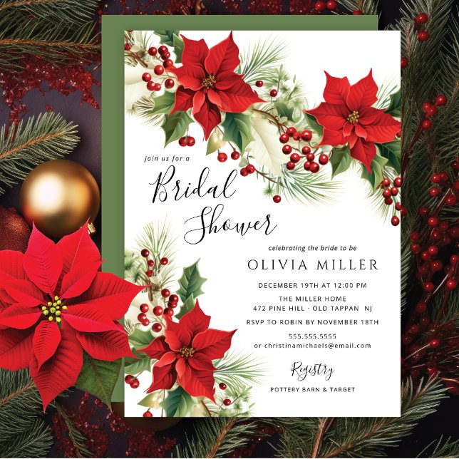Christmas Poinsettia Flowers Bridal Shower  Invitation (Creator Uploaded)