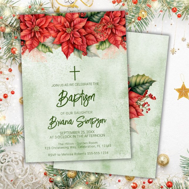 Christmas Poinsettia Flowers Floral Baptism Invitation (Creator Uploaded)