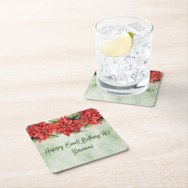 Christmas Poinsettia Flowers Floral  Party Square Paper Coaster (Insitu)