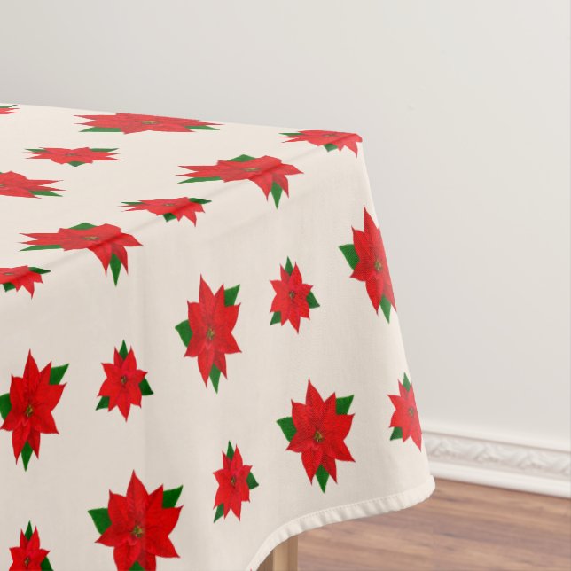 Christmas Poinsettia Flowers on Light Beige Tablecloth (In Situ)