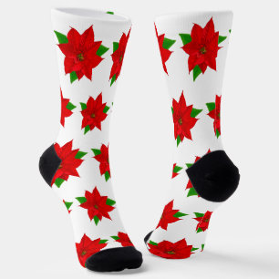 Christmas Poinsettia Flowers on White Socks