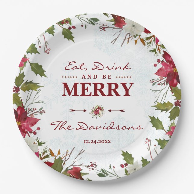 Christmas Poinsettia Frame Eat Drink and be Merry Paper Plate (Front)