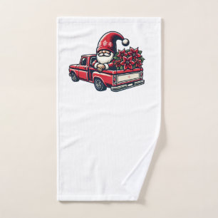 Christmas Poinsettia Gnome On Red Pickup Truck Hand Towel