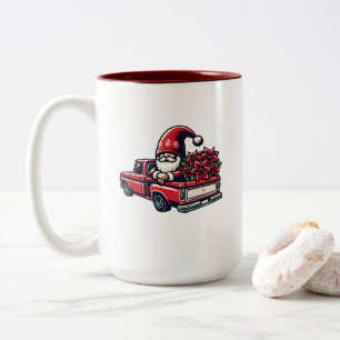 Christmas Poinsettia Gnome On Red Pickup Truck Two-Tone Coffee Mug