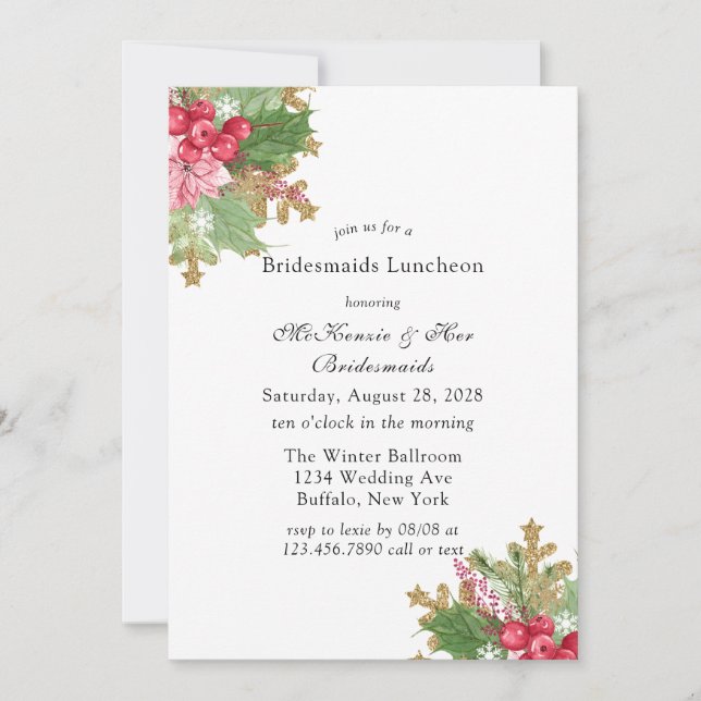 Christmas Poinsettia Gold Bridesmaids Luncheon Invitation (Front)