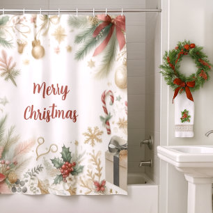 Christmas Poinsettia Gold Snowflake and Greenery Shower Curtain