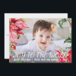 Christmas Poinsettia Gold Splash Photo Holiday Card<br><div class="desc">Celebrate the season with this modern and stylish holiday card. The card features a full photo with a gold splash,  watercolor poinsettia framing the photo and "joy to the world" overlay. Message me if you need assistance or have any special requests.</div>