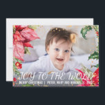Christmas Poinsettia Gold Splash Photo Holiday Card<br><div class="desc">Celebrate the season with this modern and stylish holiday card. The card features a full photo with a gold splash,  watercolor poinsettia framing the photo and "joy to the world" overlay. Message me if you need assistance or have any special requests.</div>