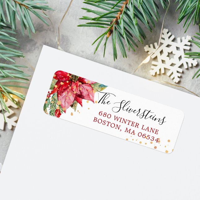 Christmas Poinsettia Gold Splash Return Address (Christmas Watercolor Poinsettia  with Faux Gold Splash Return Address Label)