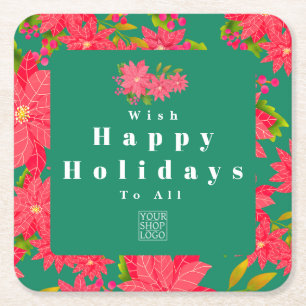 Christmas Poinsettia Green Logo Square Paper Coaster