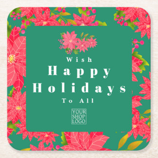 Christmas Poinsettia Green Logo Square Paper Coaster