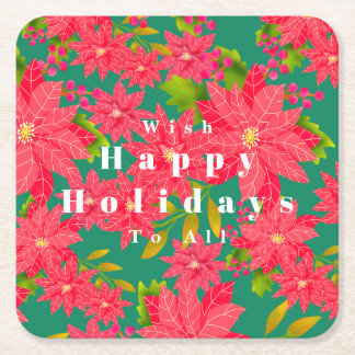 Christmas Poinsettia Green Square Paper Coaster