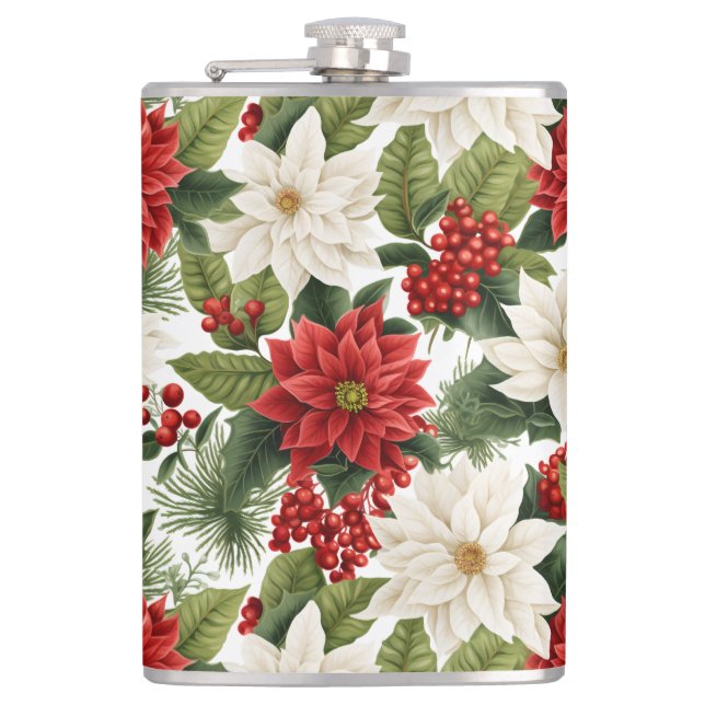 Christmas Poinsettia – Holiday Floral Design Hip Flask (Front)