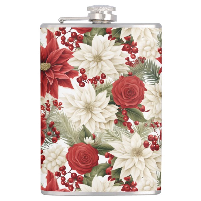 Christmas Poinsettia – Holiday Floral Design Hip Flask (Front)