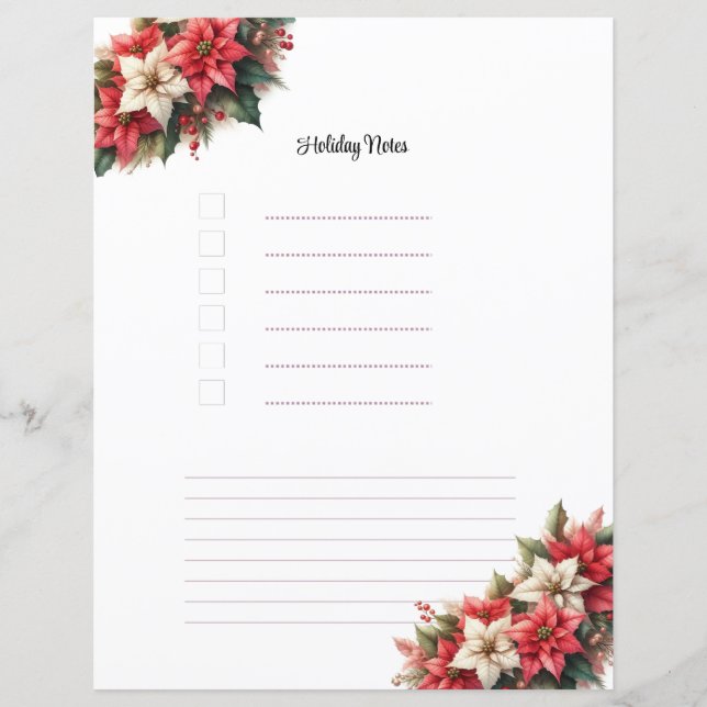 Christmas Poinsettia Holiday Notes Planner Page (Front)