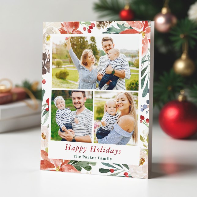 Christmas Poinsettia Holly Berries Floral 3 Photo Holiday Card (Creator Uploaded)