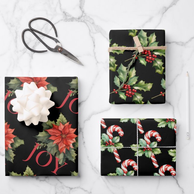 CHRISTMAS POINSETTIA, HOLLY, CANDY CANE on BLACK Wrapping Paper Sheet (Front)