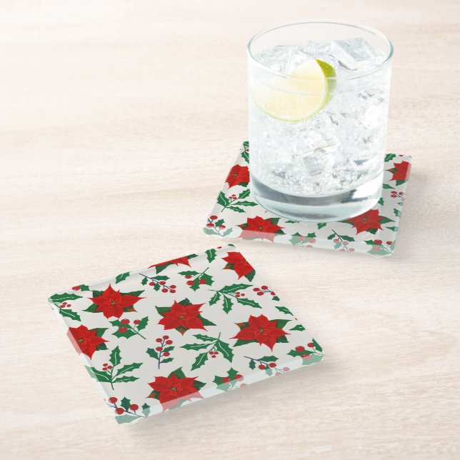 Christmas Poinsettia & Holly Floral Coaster (Angled)
