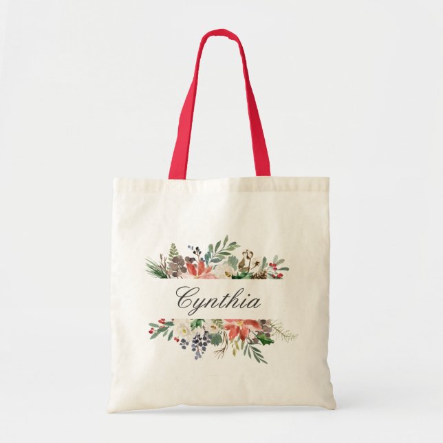Christmas Poinsettia Ivory Red Green Winter Floral Tote Bag (Front)