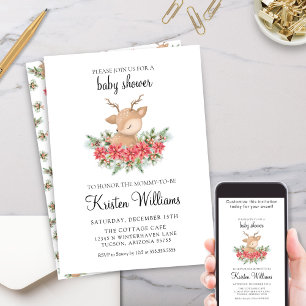 Christmas Poinsettia Little Deer Baby Shower Invitation