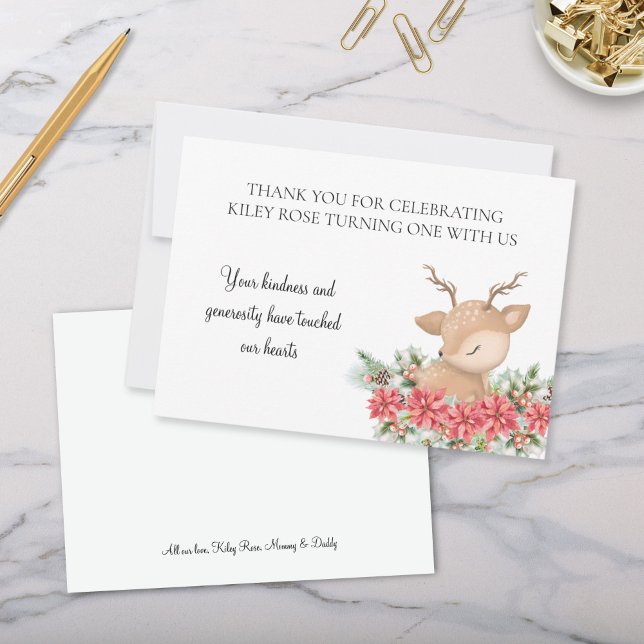Christmas Poinsettia Little Deer Birthday Party Thank You Card (Cute Christmas Poinsettia Little Deer Theme Thank You Cards with Personalized Signature)