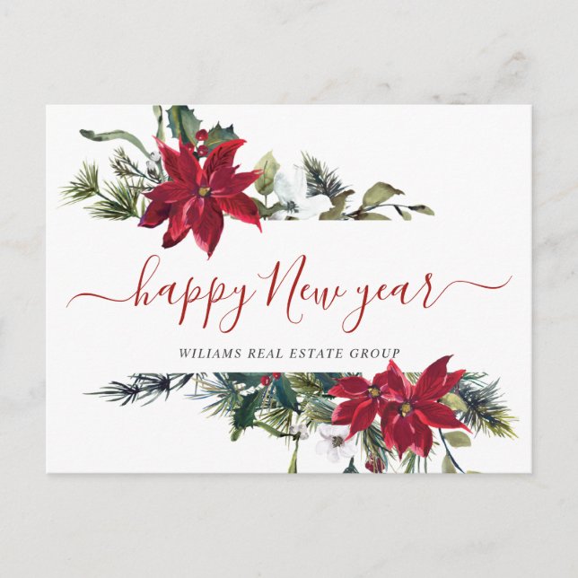 Christmas Poinsettia Mistletoe Corporate Greeting Holiday Postcard (Front)