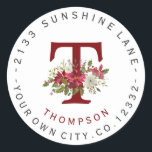 Christmas Poinsettia Monogram Address Label<br><div class="desc">Unique circular address label design featuring red and white watercolour poinsettia floral letter (your initial),  circular script. Use Customise tool to add your info,  initial and maybe you have to tweak to fit,  change the font colours. Add a space between letters and double space between words for this "look".</div>