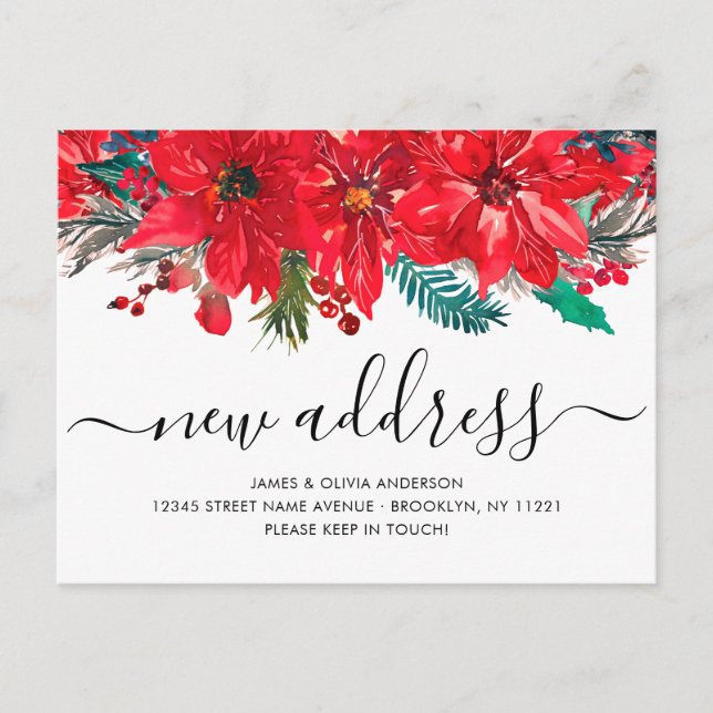Christmas Poinsettia New Address Holiday Moving Announcement Postcard (Front)