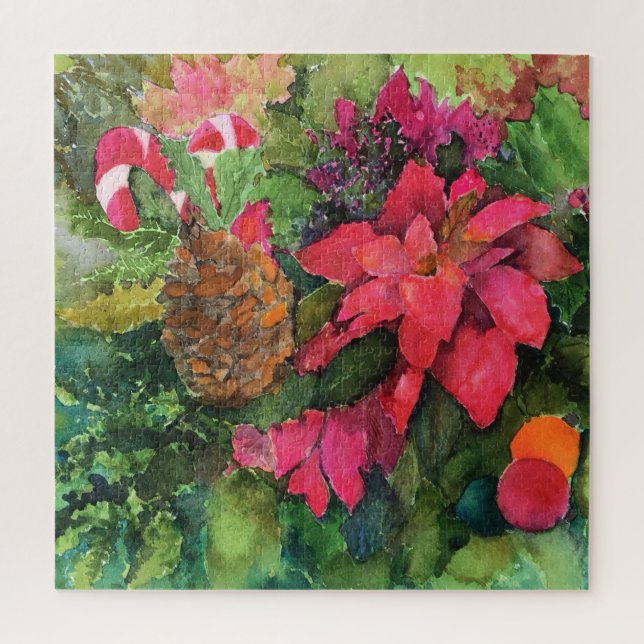 Christmas Poinsettia Original Watercolor Painting Jigsaw Puzzle (Vertical)