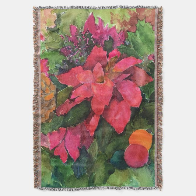 Christmas Poinsettia Original Watercolor Painting Throw Blanket (Front Vertical)