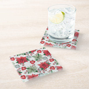 Christmas Poinsettia Pattern Glass Coaster