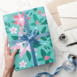 Christmas poinsettia pattern luggage wrapping paper<br><div class="desc">Pink and white Christmas poinsettia with green holly in a seamless pattern.</div>