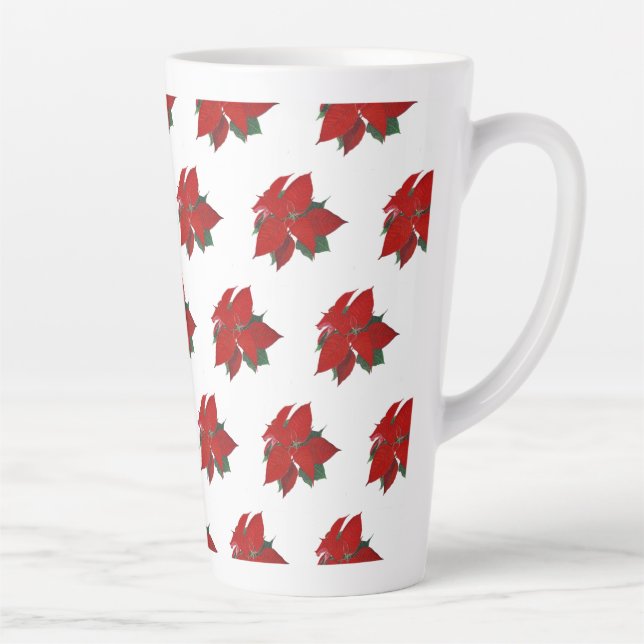 Christmas Poinsettia Pattern Red on White Large Latte Mug (Right)