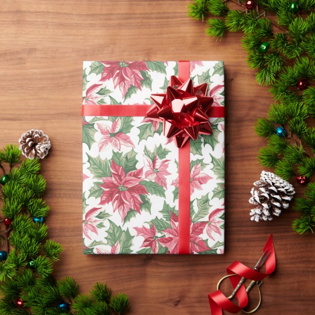 Christmas Poinsettia Pattern With Red, Pink, Green Wrapping Paper (Holiday Gift)