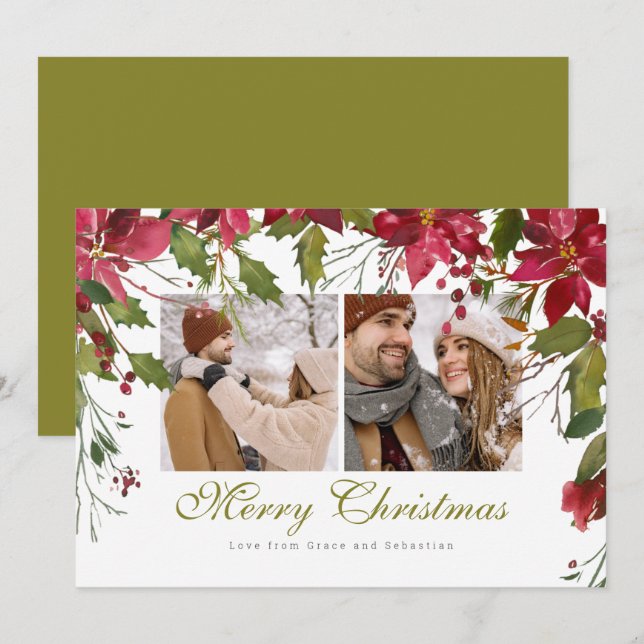 Christmas Poinsettia Photo Personalised Holiday Card (Front/Back)