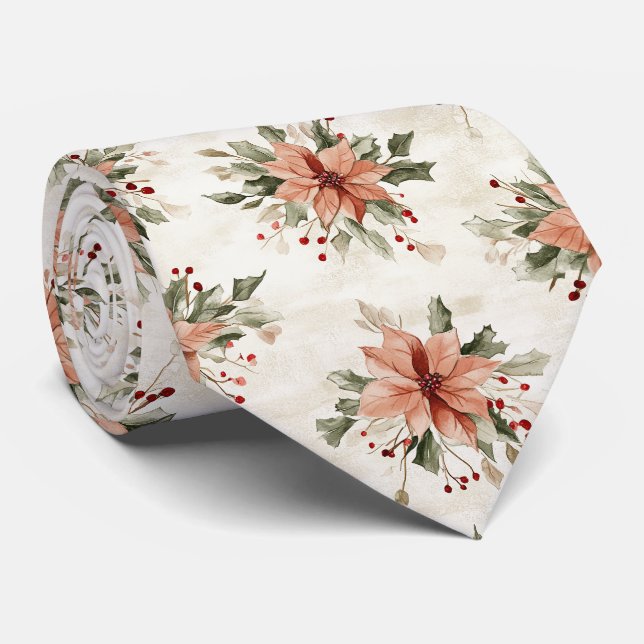 Christmas Poinsettia Red and Green Tie (Rolled)