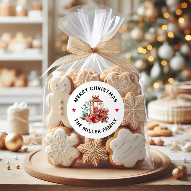 Christmas Poinsettia, Red Apples, Gold Lantern Classic Round Sticker (Creator Uploaded)