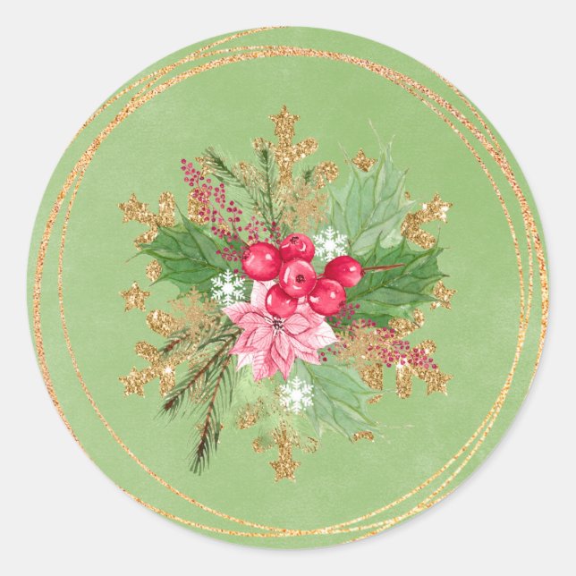 Christmas Poinsettia Red Berry Gold Wedding Classic Round Sticker (Front)