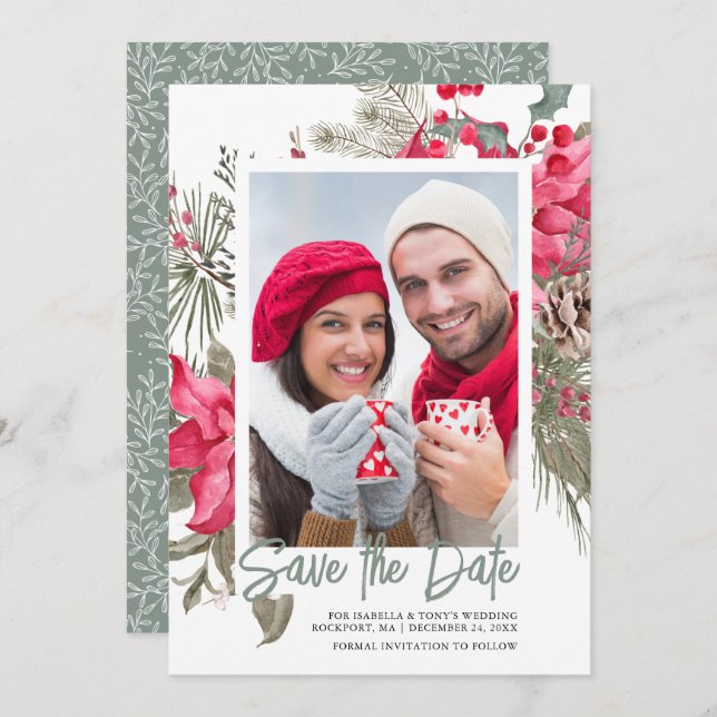 Christmas Poinsettia Red Floral Holly Pine Save The Date (Front/Back)