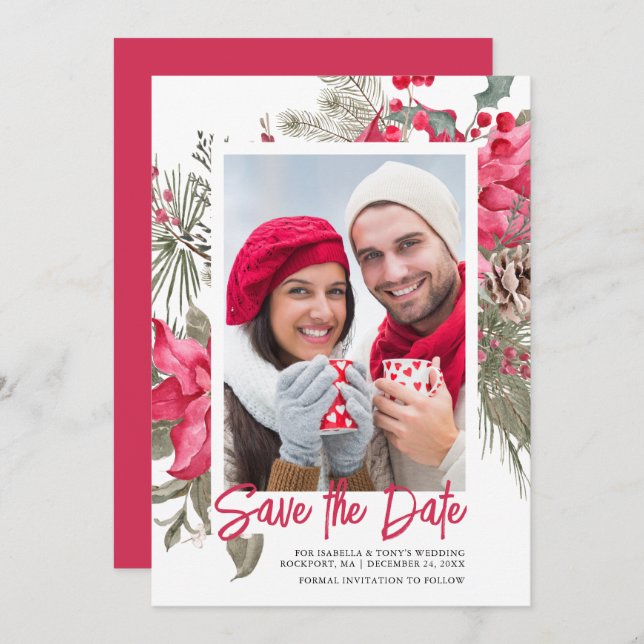 Christmas Poinsettia Red Floral Holly Pine Save The Date (Front/Back)