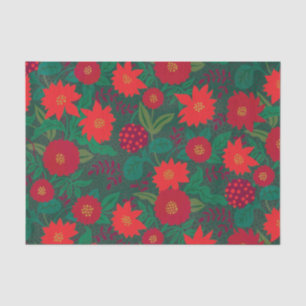 Christmas Poinsettia Red Floral on Dark Green Tissue Paper