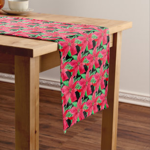 Christmas Poinsettia Red Floral Watercolor Short Table Runner