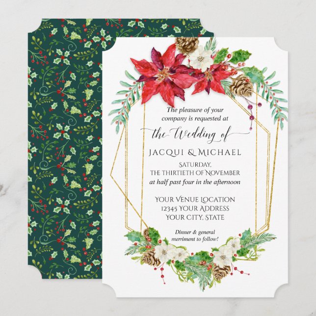 Christmas Poinsettia Red Gold Terrarium Watercolor Invitation (Front/Back)