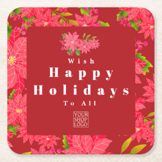 Christmas Poinsettia Red Logo Square Paper Coaster