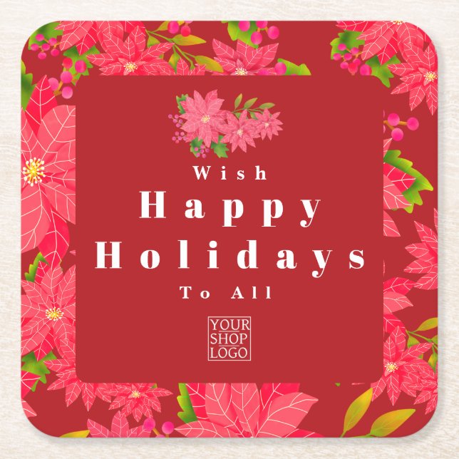 Christmas Poinsettia Red Logo Square Paper Coaster (Front)