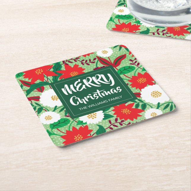 Christmas Poinsettia Red White Floral Monogram Square Paper Coaster (Angled)