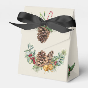 Christmas poinsettia, robin, pine, cones, holly favour box