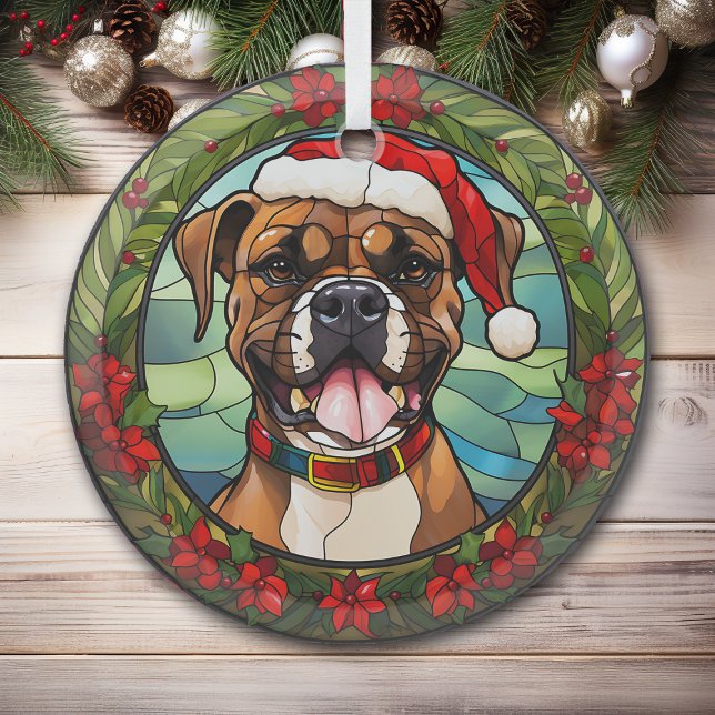 Christmas Poinsettia Santa Hat Boxer Dog Glass Tree Decoration (Creator Uploaded)