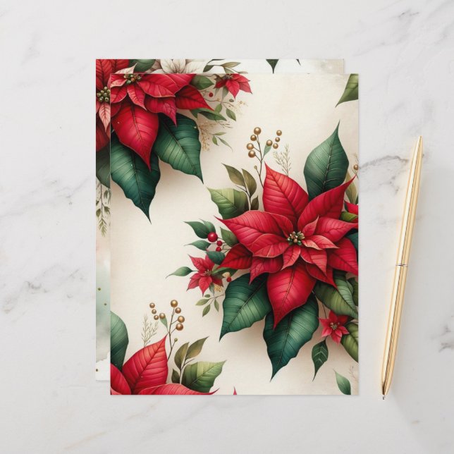 Christmas Poinsettia Scrapbook Paper (Front/Back In Situ)